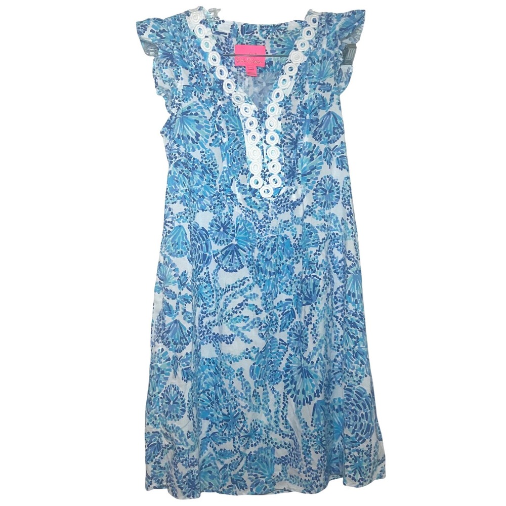 Lilly Pulitzer Womens XS Blue White Shell Print Lace Trim Dress preppy nautical